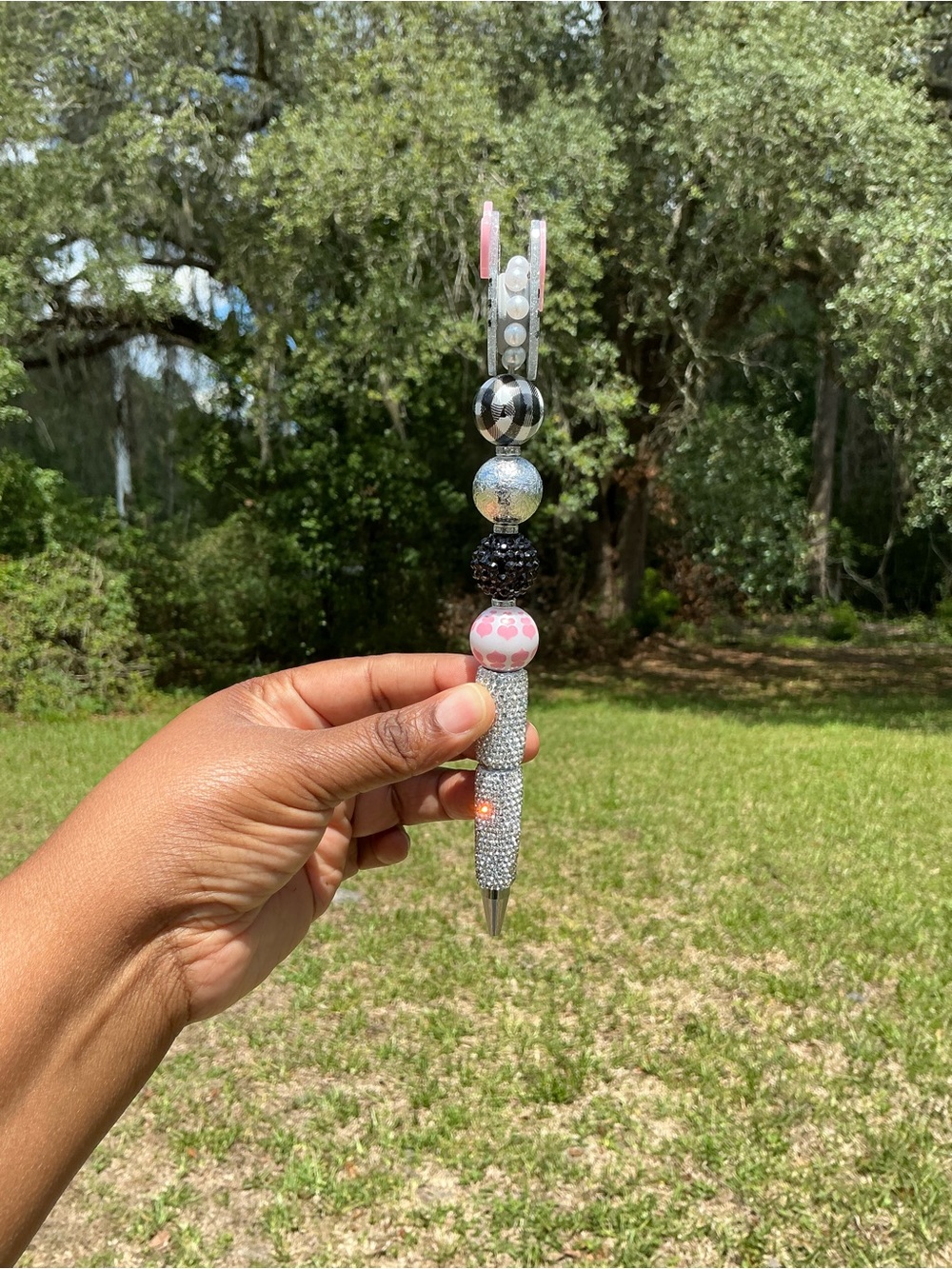 Handcrafted Pink Glitter HK Beaded Silver Rhinestone Pen - Picture 2 of 4